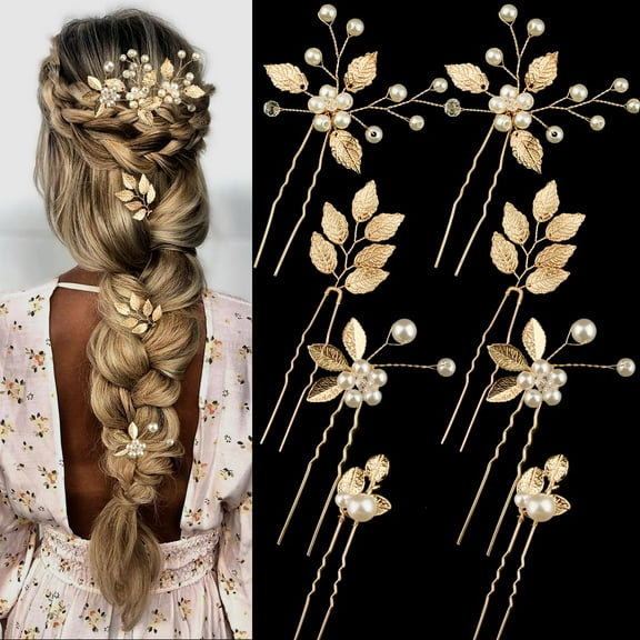 8PCS Gold Wedding Bridal Hair Pins Leaf Pearl Hair Pins Clips Vintage Hair Headpiece Jewelry for Bridesmaids Brides Flower Girls Hair Accessories
