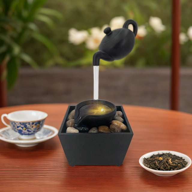 Adorno De Fuente De Agua Con Tetera Flotante, Decoración De Cascada De Mesa Interior Con Piedras De Luz LED, Decoración De Mesa Para El Hogar Y La Oficina