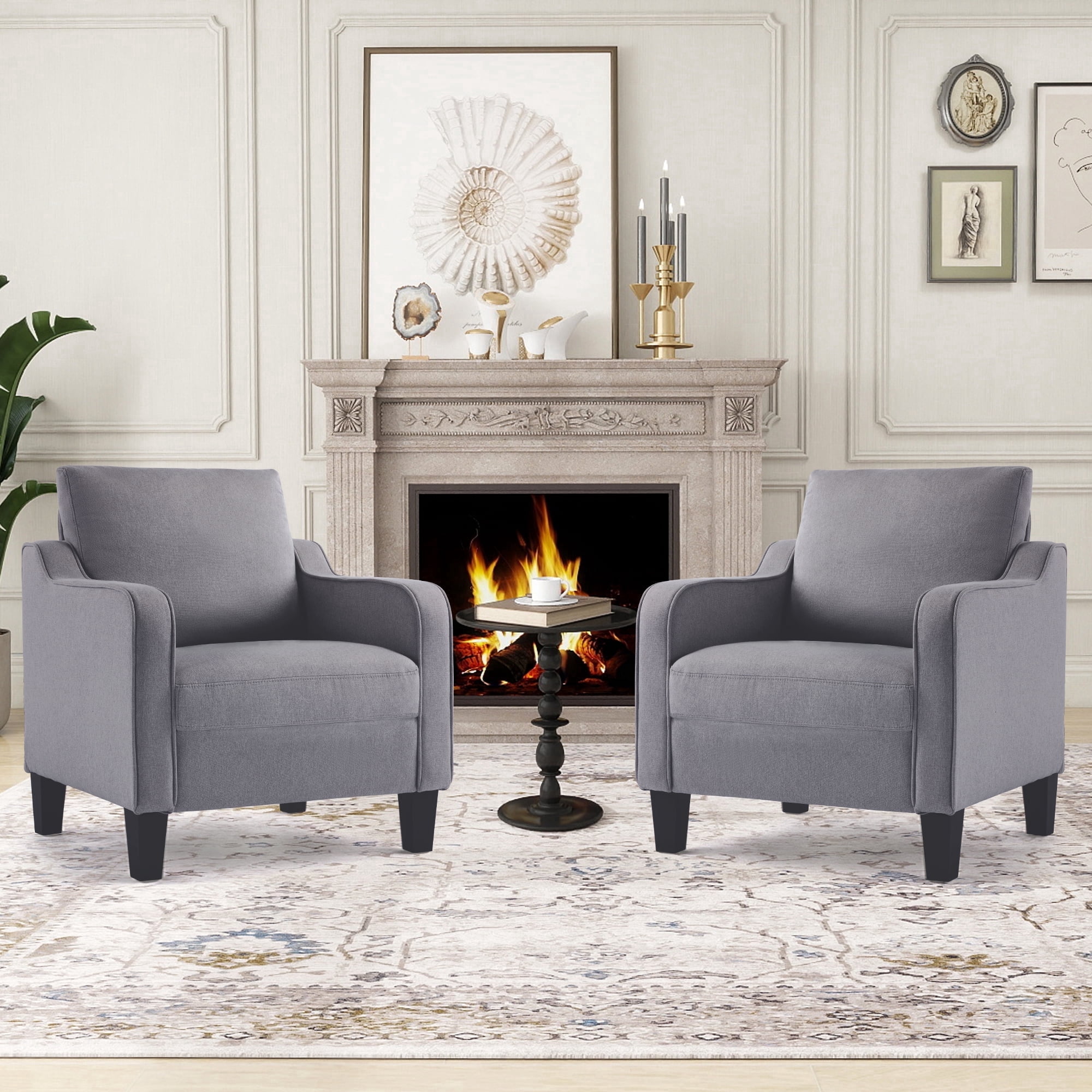 SAETSFEG Mid-Century Accent Chairs, Linen Modern Upholstered Living Room Chair, Comfy Reading Armchair with Scooped Arm and Wide Seat, Compact Single Sofa Chair for Bedroom Office, Darkgrey 2PC