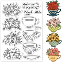 Tea Cup Clear Stamps Cup and Flowers Silicone Stamps Wishing Words Transparent Rubber Seal Stamps for Card Making DIY Scrapbooking Crafting Photo Album Journal Decor