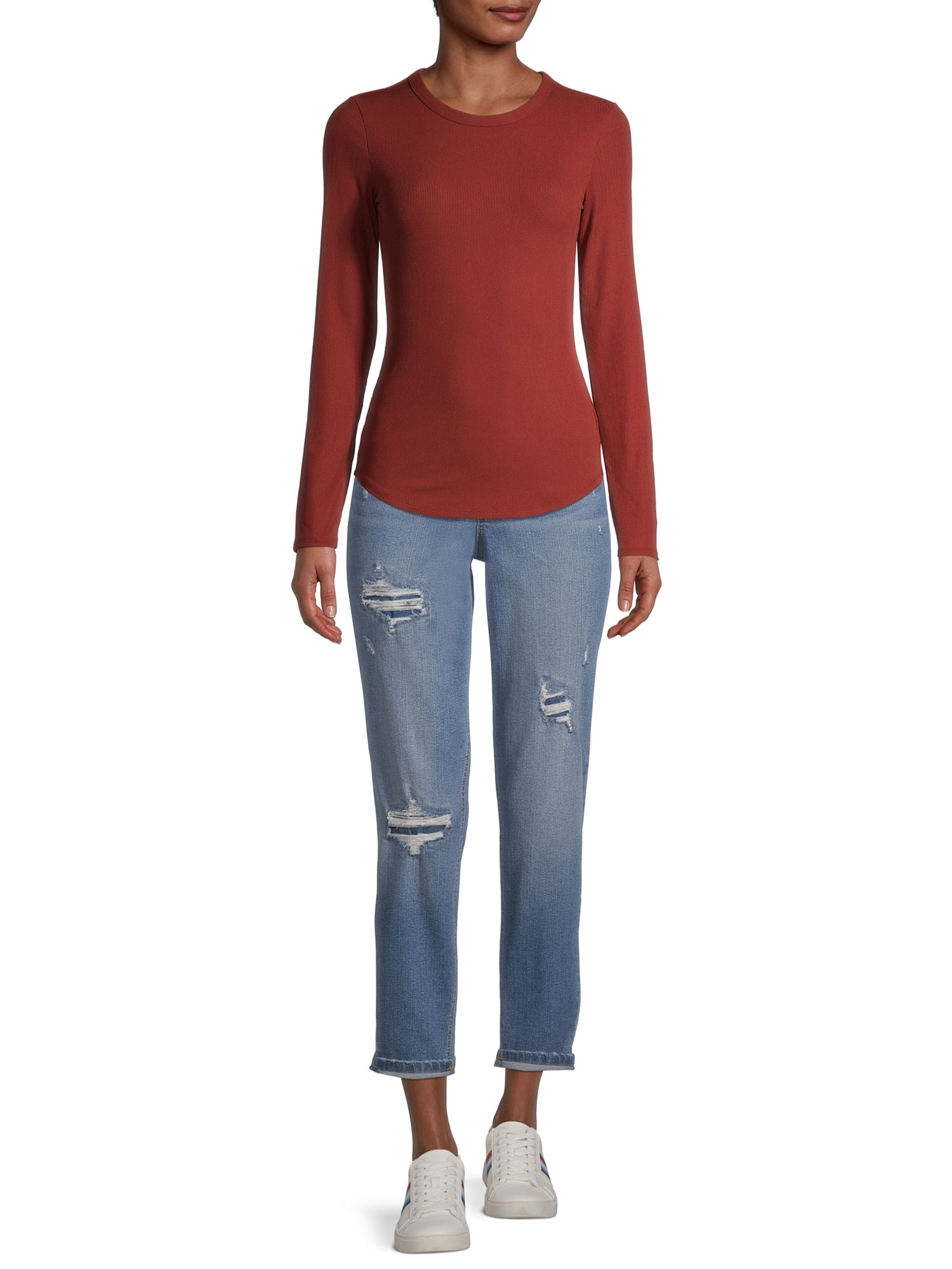 No Boundaries Ribbed Crewneck Tee with Long Sleeves, Women's