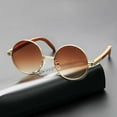 thumbnail image 5 of Large Vintage Mens Round Brown Tint 90's Gold Frame Circle Wood Sunglasses, 5 of 5