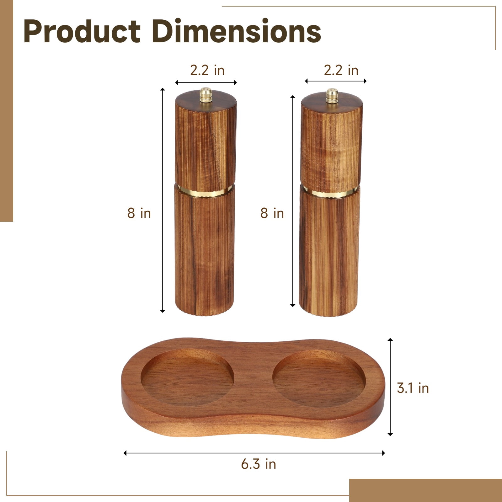 Wooden Salt and Pepper Grinder Set, Adjustable Manual Pepper Mill and Salt Grinder with Wood Tray, Refillable Natural Wood Seasoning Mills for Kitchen Dining Table