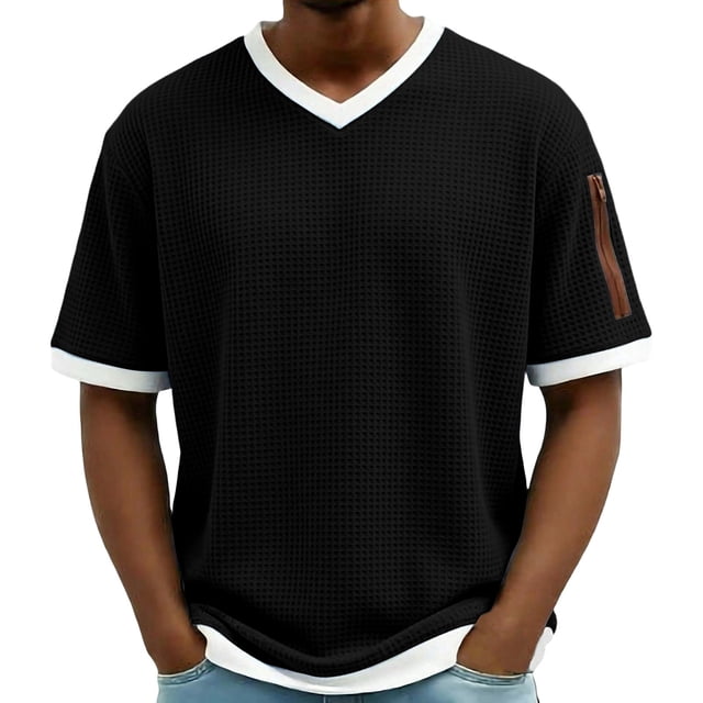 Hombro Frío Tops Hombres de Malla Respirable Manga Corta Cuello en V Color Sólido Suéter Superior