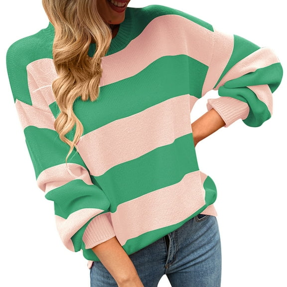 Women's Sweaters Trendy Long Sleeve Color Block Stripe Knit Pullover Fall Outfits Clothes,Green,M