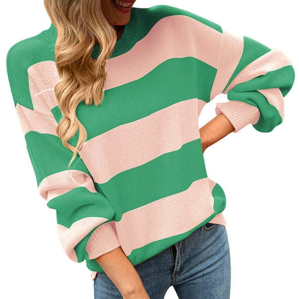 PMUYBHF Female Cold Shoulder Sweaters for Women Women Casual Long Sleeve  Color Block Stripe Knit Sweater Lightweight Pullover Sweater Top XL 