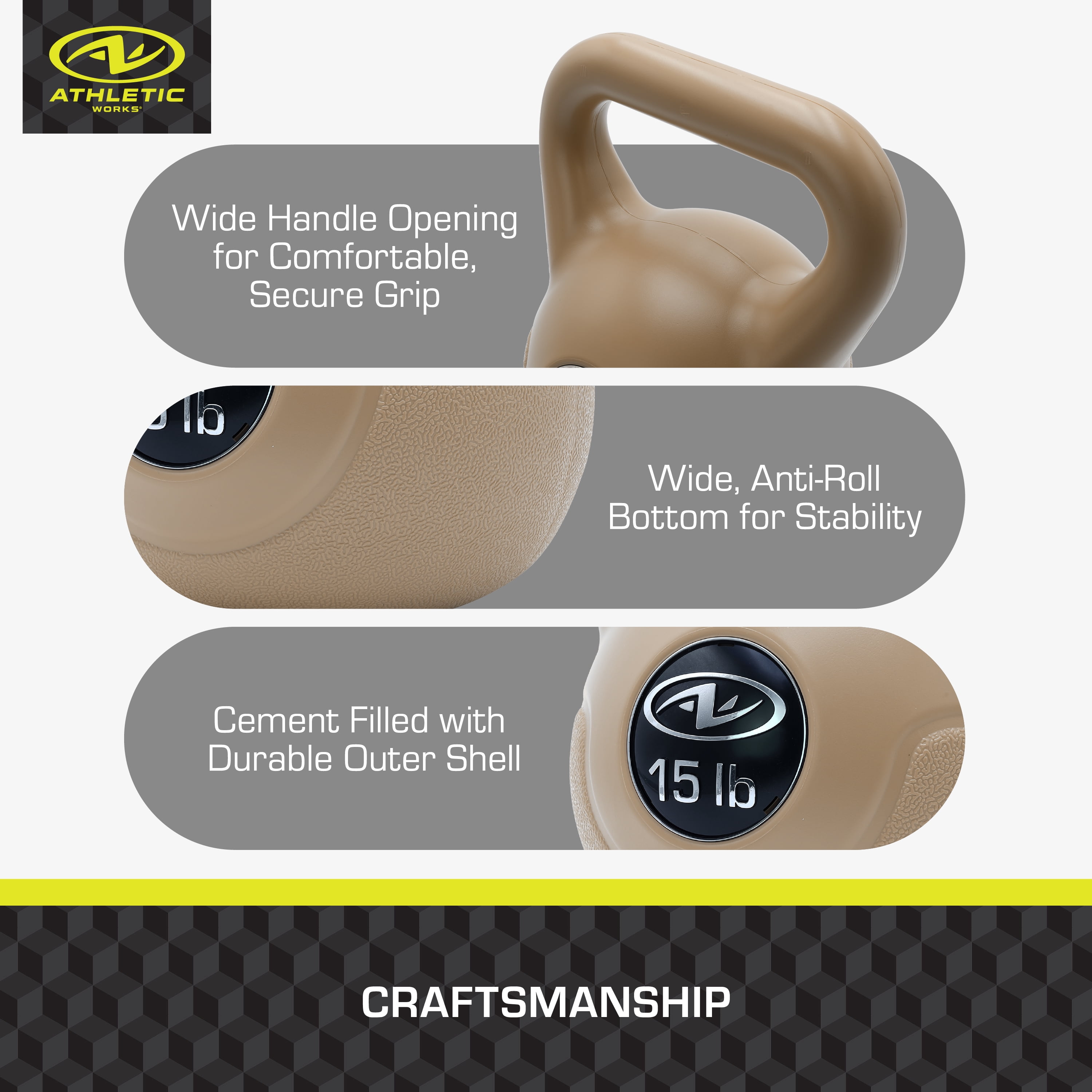 AW 30 lb Cement Kettlebell Weight Set, Vinyl-Coated Home Gym Weights, 5, 10 & 15 LB