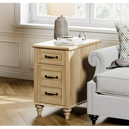 Oak End Table with Charing Staion, Narrow Nightstand Side Table with Drawer for Living Room