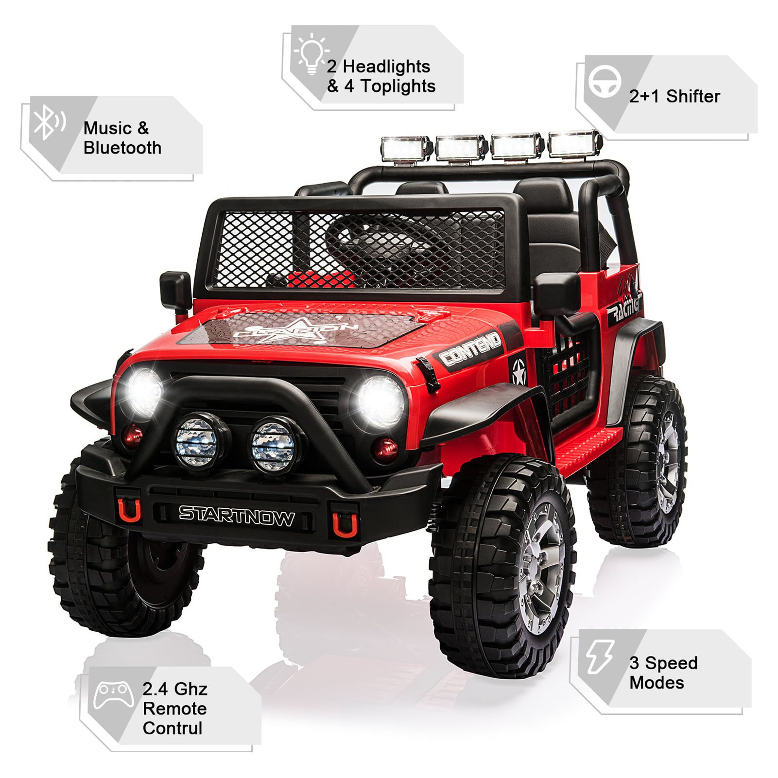 PWFE 12 Volt Kids Electric Car Kids Ride On Car with Remote Control,  2 Seats Kids Truck with LED Lights, Wheels Suspension, Music, Horn, 110lbs Load(Red)
