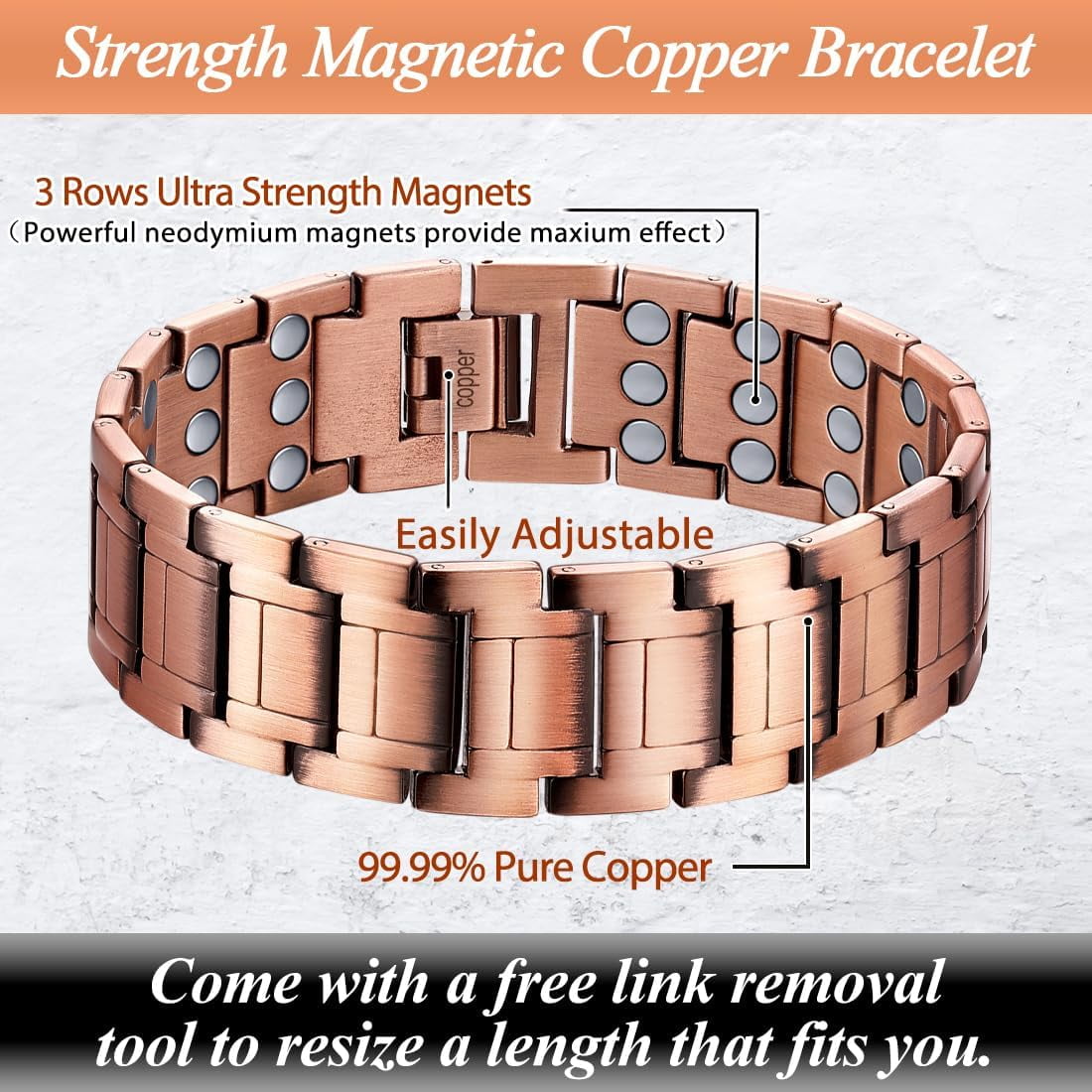 Wollet 99.9% Pure Copper Magnetic Bracelet Set , Valentine's Day Jewelry Gifts for Men 8.66in（22cm）