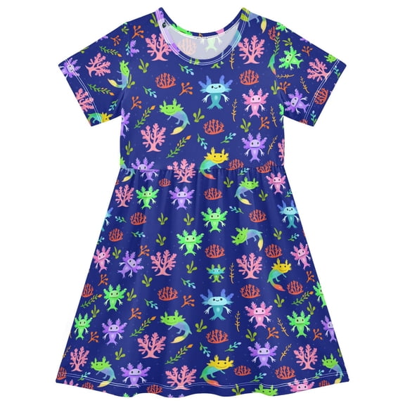 joogoo Cute Axolotls Girls' Short Sleeve Dress Kids Dresses 5-6T