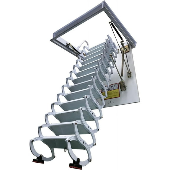 PreAsion White Attic Pull Down Ceiling Ladder Stairs Ti-Mg Alloy Retractable Folding Extension Loft Stairs 13 Steps