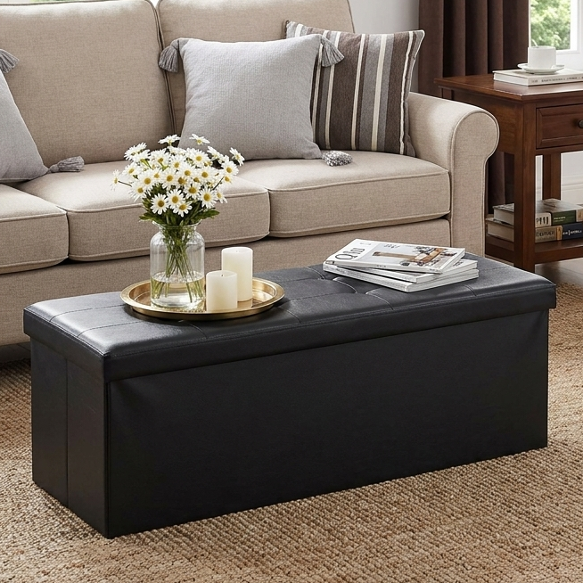 Ledrem 43" Foldable Storage Ottoman Bench, Black