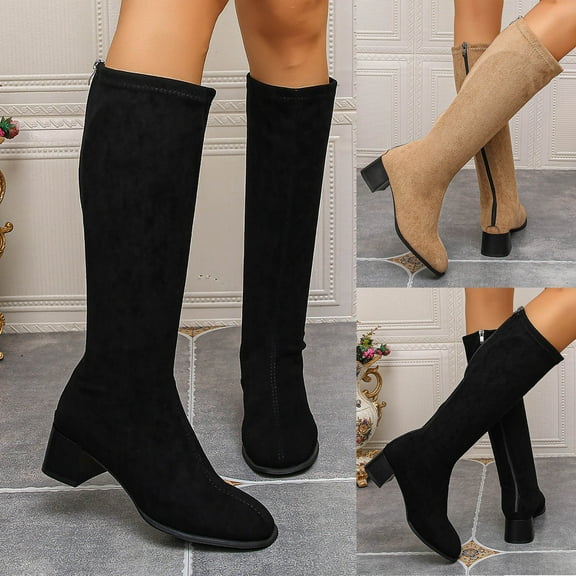 Miluxas Knee-High Boots Fall Winter Boot for Women Chunky Block Mid Heel Slouch Fashion Boot Round Toe Back Zipper Khaki 9(42)