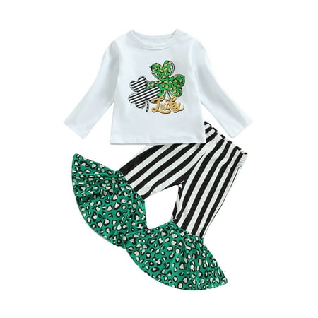 

Woshilaocai Toddler Kid Baby Girl St Patricks Day Outfit Lucky Clover Long Sleeve Tops Stripe Flared Pants 2Pcs Clothes Set