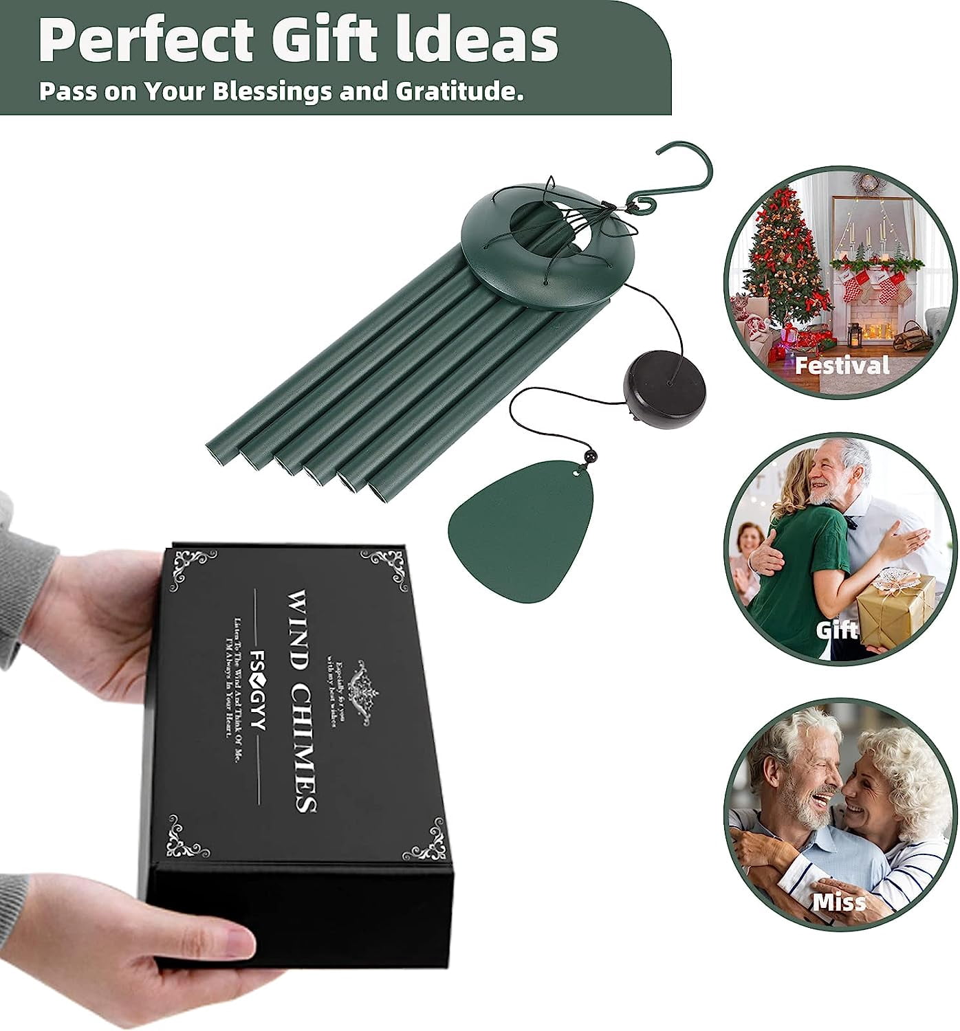Wind-Chimes-Outdoor-Deep-Tone, Large Soothing Melodic Tones Windchimes, Wind Chimes for Outside, Memorial Wind Chimes Best Gift for Mom Women Grandma Neighbors(32" Forest Green Coated Aluminum)
