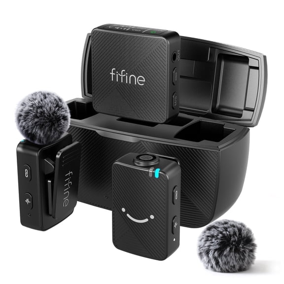FIFINE M9 Dual Wireless Lavalier Microphones with Receiver for iPhone/Android/Camera, Mini Mics, Mute, 50m Stable Connect for Vlog, Podcast, Interview