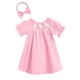 thumbnail image 5 of ZEHJUHAN Toddler Girls' Solid Color Dress Ruffle Short Sleeve Bunny Embroidery Dress with Headband Bow Pink，9-12M, 5 of 9