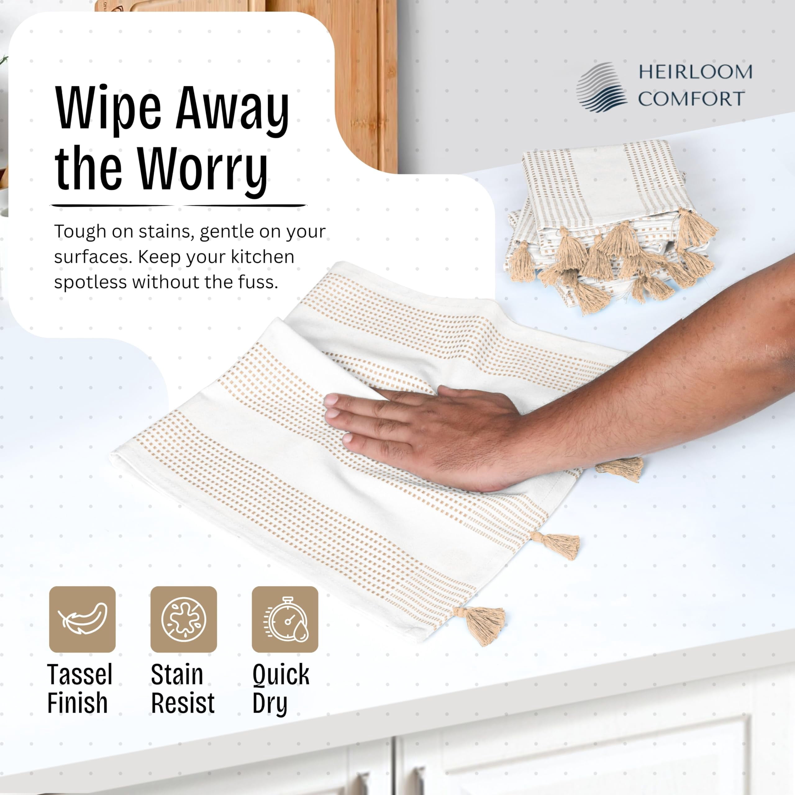 HEIRLOOM COMFORT Beige Decorative Dotted Kitchen Towels 16x26 Inch, 5 Pack, Soft, 100% Cotton, Absorbent & Fast-Drying Dish Towels with Tassels, Ideal for Cleaning, Drying Dishes, and Daily Use