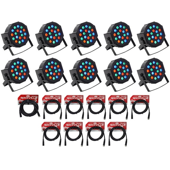 (10) Rockville RockPAR50 LED RGB Compact Par Can DJ/Club DMX Wash Lights Cables
