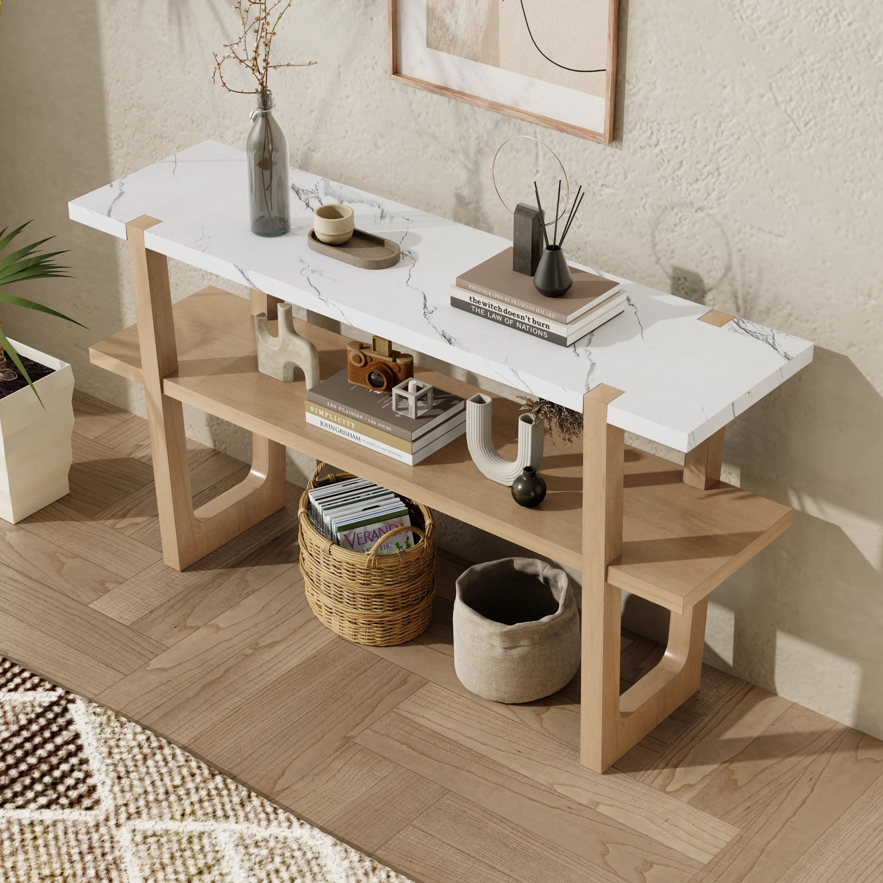 Euroco 54" Long Console Table, Wooden Rectangular Sofa Table Behind the Couch with Open Storage Shelf,Retro Entryway Table for Hallway, Living Room,Natural