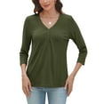 thumbnail image 6 of VDJ Women Summer T Shirts Casual Loose 3/4 Sleeve V Neck Tunic Stylish Solid Color Army Green Business Tee Clothes Size S, 6 of 9
