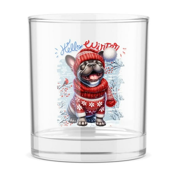 Hello Winter French Bulldog Smiling in Red Scarf Hat Welcome Christmas 11oz Whiskey Glass Mug Dog Lover Gifts Whiskey Cocktail Glasses Cup - 00017