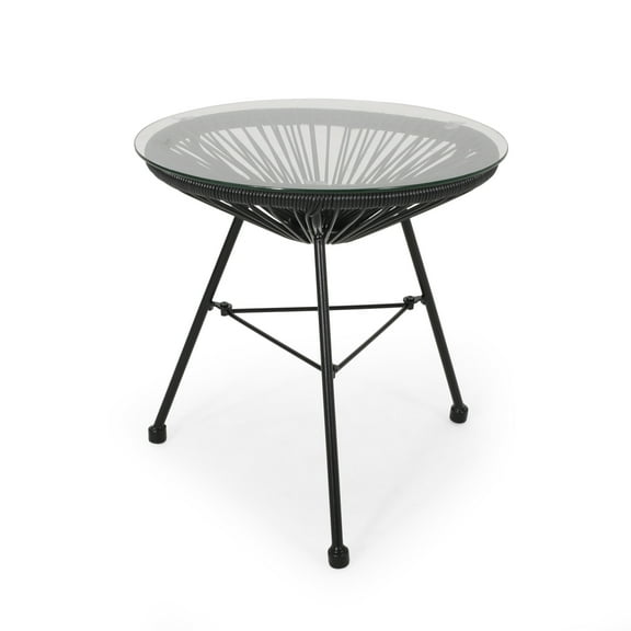 Carver Outdoor Wicker Wrapped Glass Top Side Table, Black