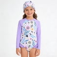 thumbnail image 2 of lnmuld Kids Swimsuits Long Sleeve Swimsuit Set Floral Gradient Scale Print Detachable Ruffle Skirt Matching Swim Cap Color:Purple,Size:3-4 Years, 2 of 9