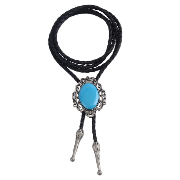 Collar de Bolo jinwen para hombre Patrón de flores tribales piedras preciosas ovaladas azul