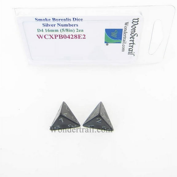 Smoke Borealis Dice with Silver Numbers D4 Aprox 16mm (5/8in) Pack of 2 Wondertrail