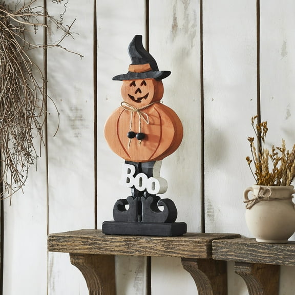 VHC Brands Boo Wooden Jack-O-Lantern, Fall and Halloween Home Decor for Tables and Shelves, Indoor Decorations for Tabletop Pumpkin Orange, Deep Black, White, 7.25x15.5