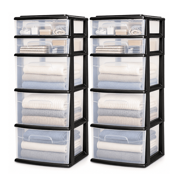 Homz Plastic 5 Drawer Storage Container Tower Closet Organizer, 2 Pack