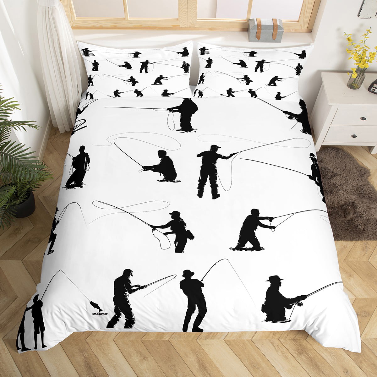 Fish Duvet Cover Picnic Camping Bedding Set for Man Teens Boys Adult,Fishing  Gear Comforter Cover Fishhooks Twin Bed Set,Black and White Fishing Pole  Fish Hook and Line Angling Room Decor 