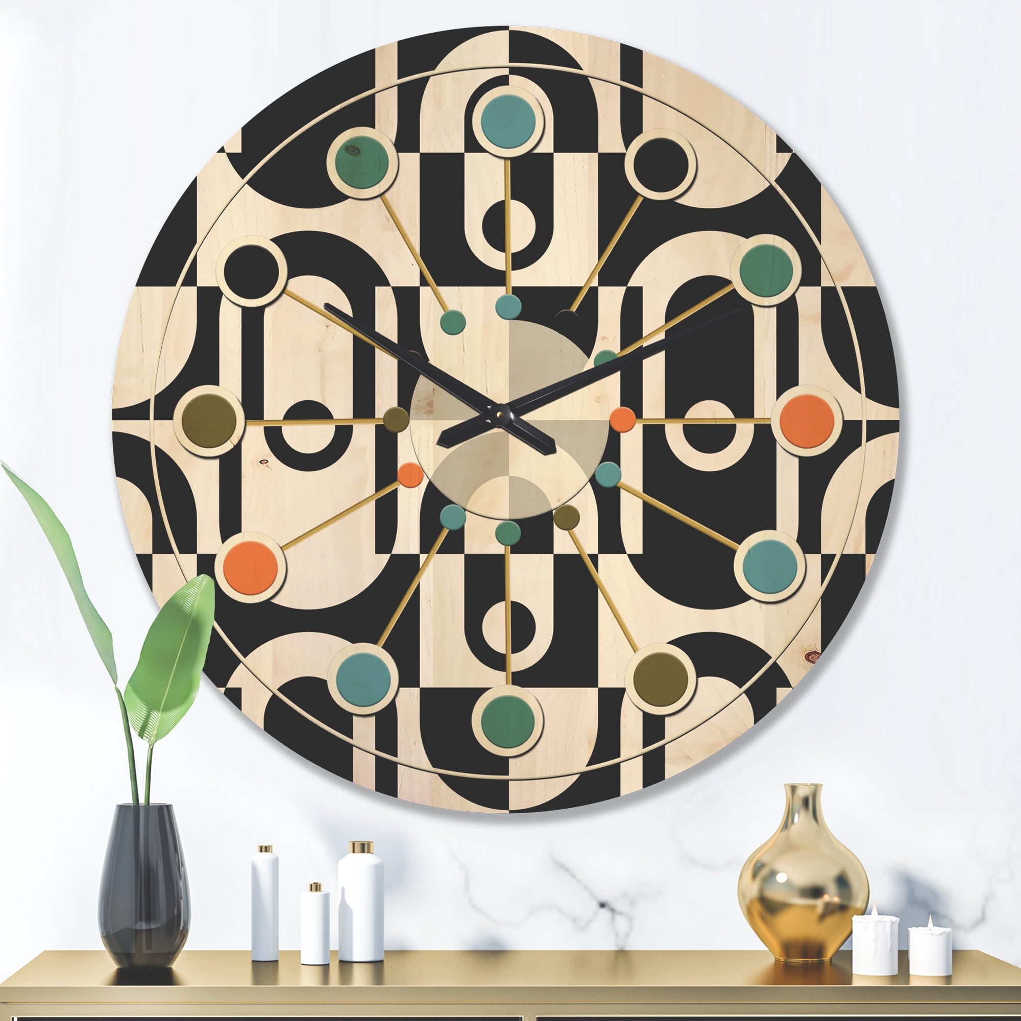 Designart 'Black and White Geometric Pattern VIII' Mid-Century Modern Wood Wall Clock