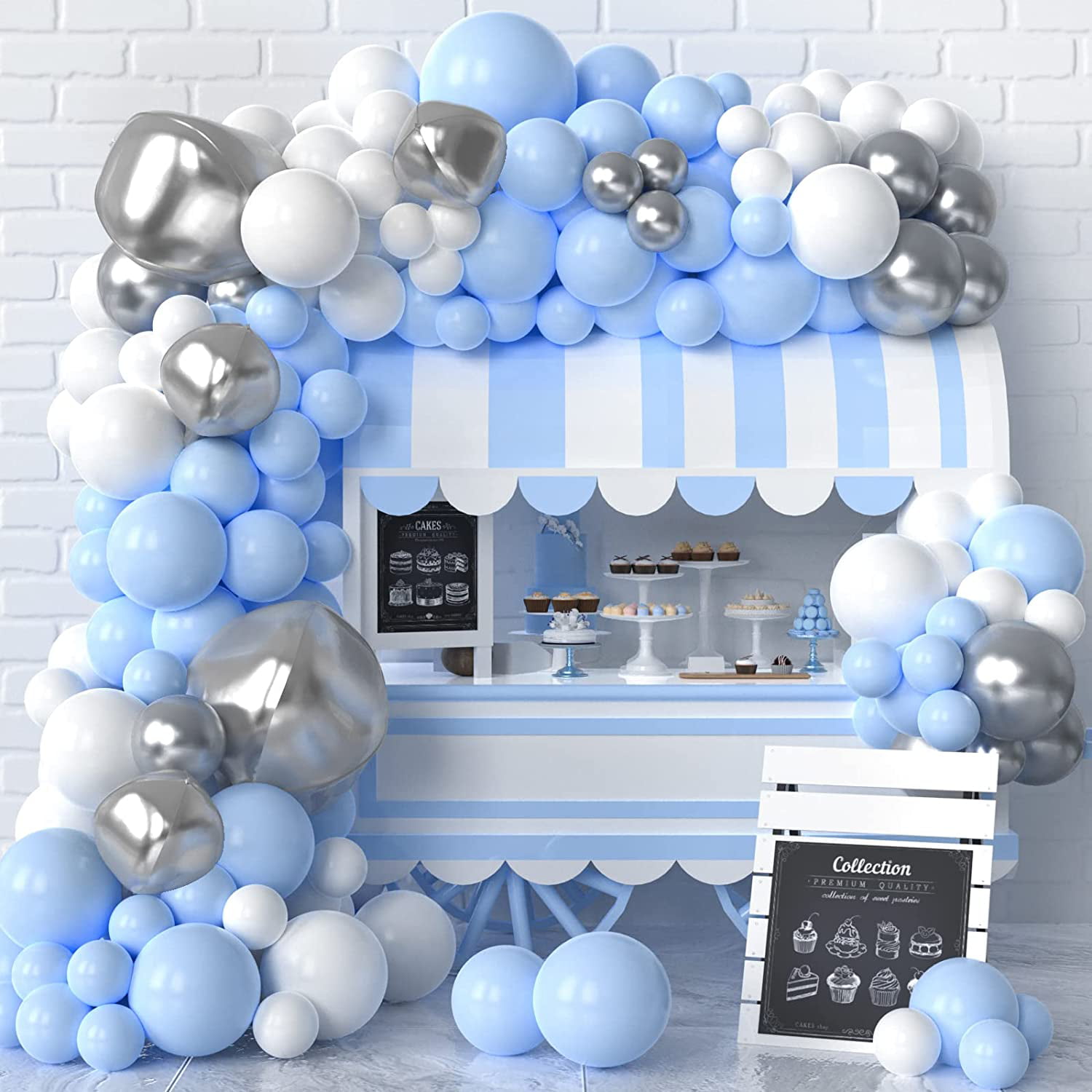 Blue Balloon Garland Arch Kit, 93pcs Blue Silver White Latex