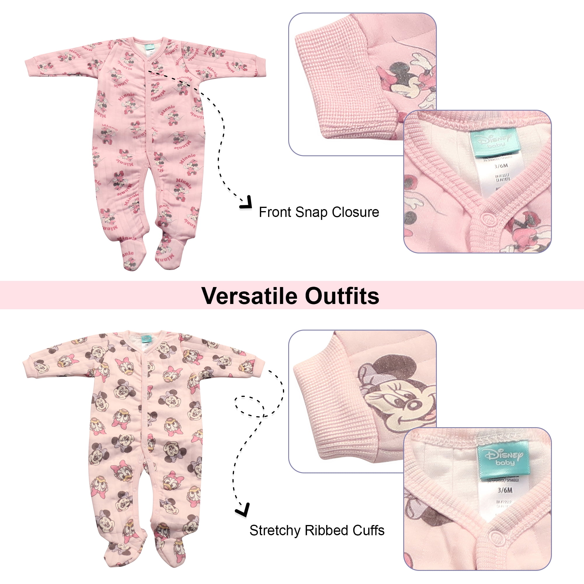 Disney Clothes Baby Girls 2-Pack Quilted Footie Coveralls - Minnie Mouse, Princess Cinderella and Tiana Bodysuits (0/3M-6/9M)