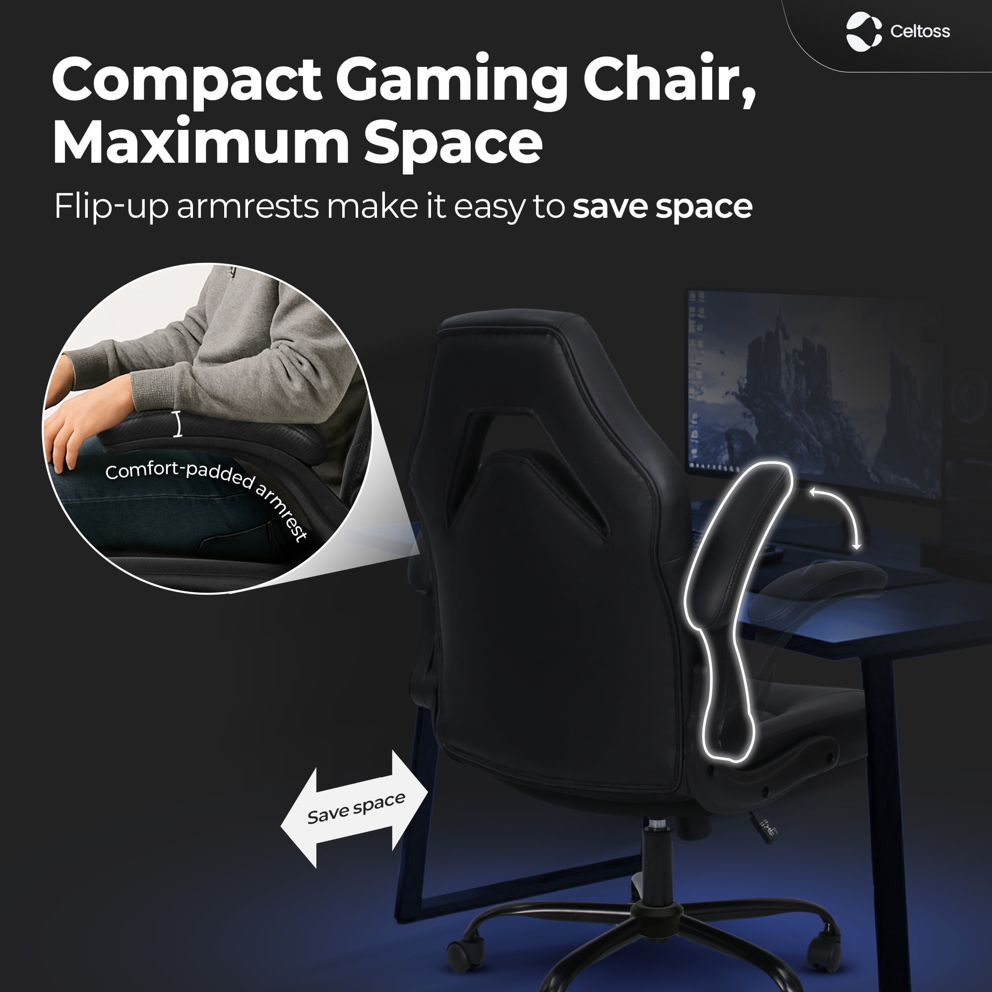 CELTOSS  Black Gaming Chair, Flip-up Armrest Computer Chair Ergonomic Office Chair PU Leather Desk Chair Executive Adjustable Swivel Task Chair
