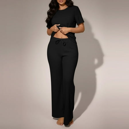 LEWKW Lounge Sets for Women 2 Piece Outfits Short Sleeve Ribbed Top & Wide Leg Pants Sets Casual Comfy Sleepwear Soft Pajamas Matching Sweatsuits