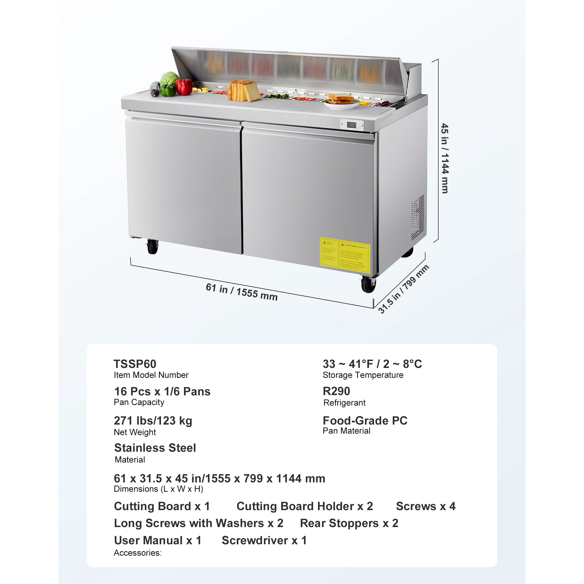 KFFKFF 60"W Commercial Refrigerator, 15.4 Cu. Ft Sandwich Prep Table, Mega Top Food Prep Fridge with 16 Pans and Cutting Board, Stainless Steel Salad Prep Cooler for Restaurant and Food Truck