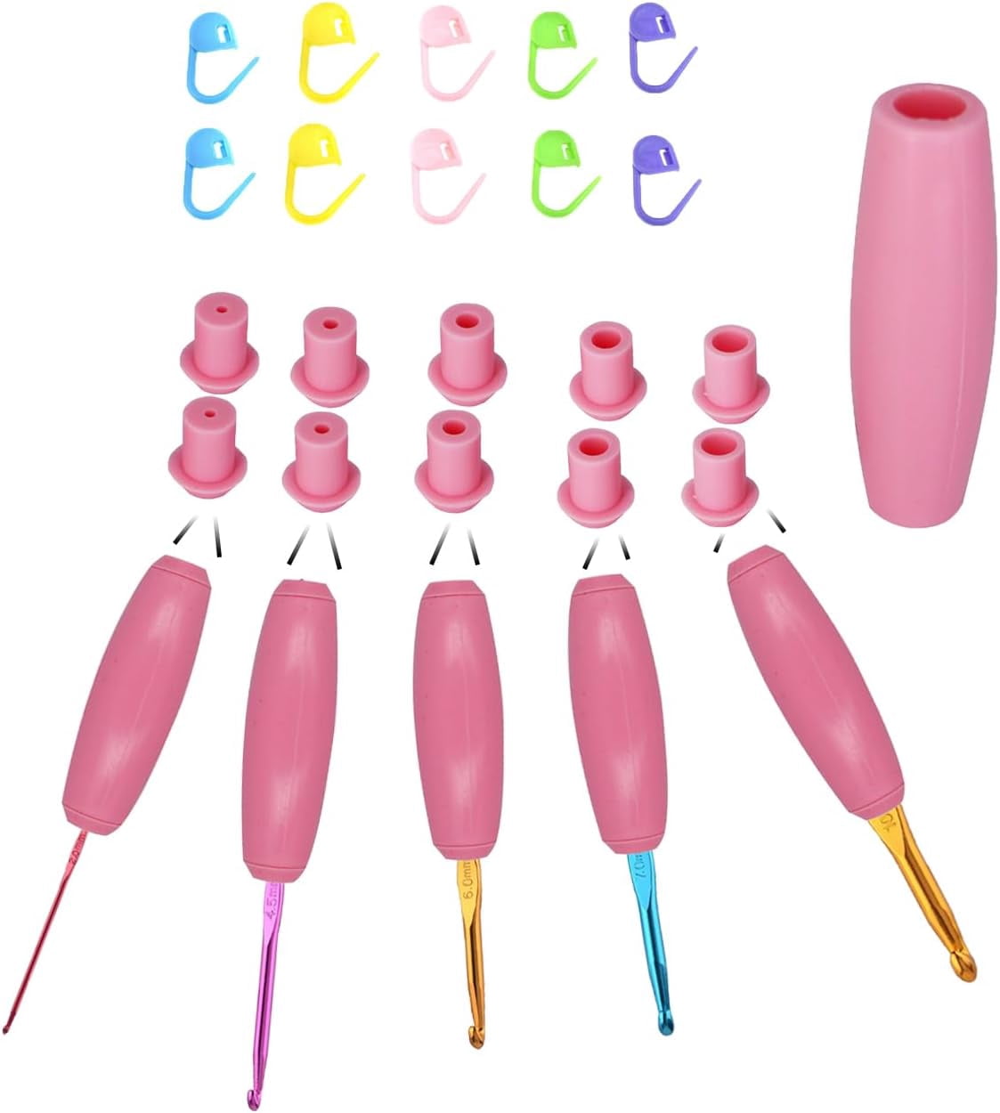 Silicone Crochet Hook Grip Multiple-Size Ergonomic Crochet Handle Interchangeable Crochet Hook Sleeve with Stitch Markers, Pink, 2mm-10mm