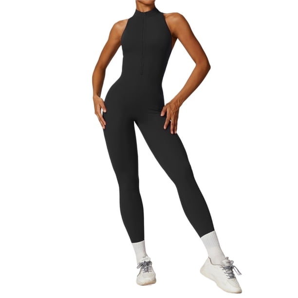 Mono de entrenamiento sin mangas for mujer con cremallera mameluco pantalones cortos V espalda Scrunch sexy mono de entrenamiento de una pieza