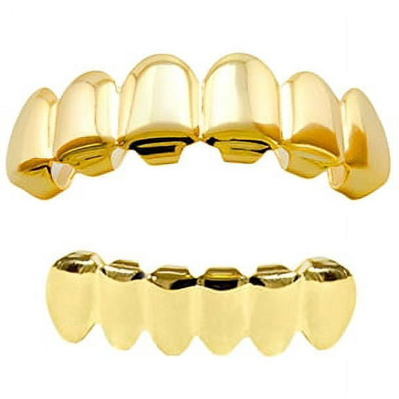 14k Gold Plated Grillz Set Six Top 6 Upper Teeth And Six Bottom 6 Lower Plain Teeth Hip Hop Grills