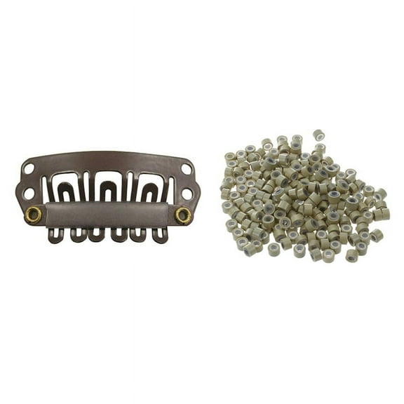 200Pcs 5Mm Blonde Color Silicone Lined -Rings & 10Pcs Brown Snap Clips U-Shape Metal Clips for Hair Extensions Diy