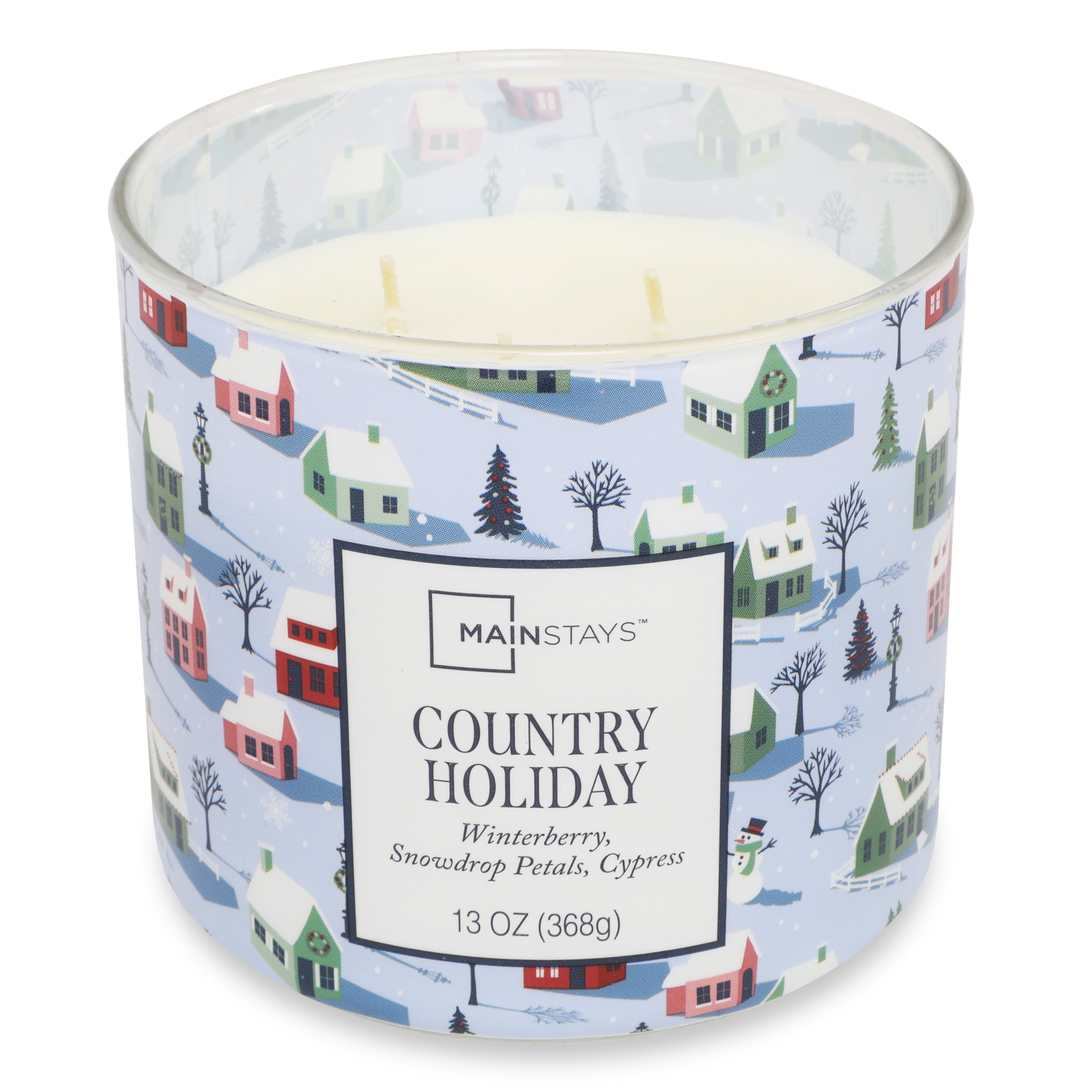 Mainstays 3-Wick Country Holiday Scented Candle with a Village Toss Scene Wrap, 13-Ounce