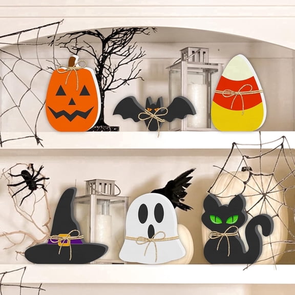 Seravin 6Pcs Halloween Tiered Tray Decor Set, Farmhouse Rustic Wooden Table Signs, Pumpkin Ghost Bat Black Cat Witch Hat Candy Corn, Freestanding Halloween Tabletop Mantel Shelf Decor for Home Party