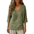 thumbnail image 4 of Women's Cotton Linen Blend T-Shirts 3/4 Sleeve V Neck Loose Fit Casual Tops Summer Pullover Shirts Daily Wear Army Green 2XL, 4 of 7