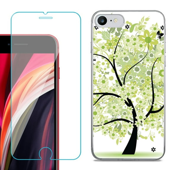 Slim-Fit Fashion Gel Phone Case for iPhone SE 2022, with Tempered Glass Screen Protector, by OneToughShield ® - Green Tree