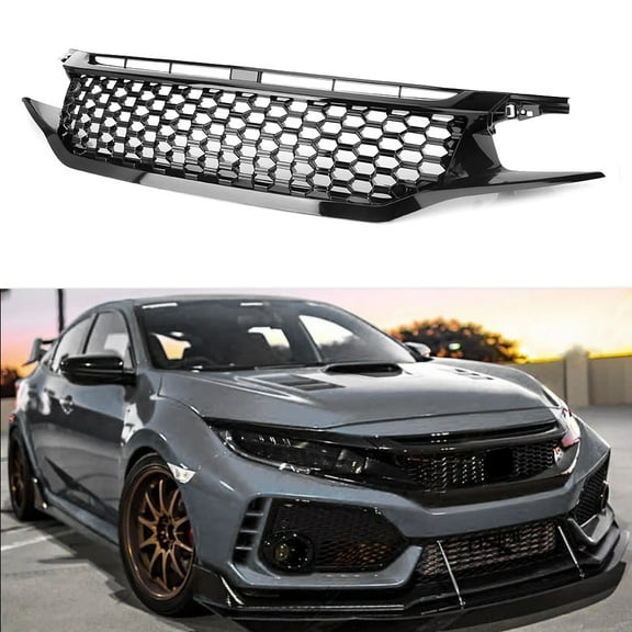 ZS Auto Front Bumper Hood Grille with Red Emblem Car Racing Grill For Honda Civic 2016 2017 2018 Gloss Black
