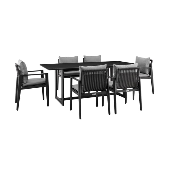 Armen Living Cayman Outdoor Patio 7-Piece Dining Table Set in Aluminum with Grey Cushions